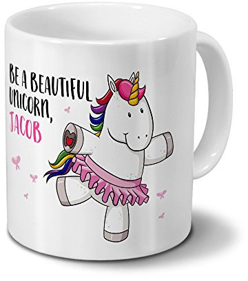 printplanet Tasse mit Namen Jacob - Motiv Witziges Einhorn - Namenstasse, Kaffeebecher, Mug, Becher, Kaffeetasse - Farbe Blau