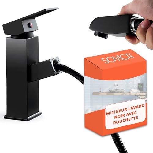 Mitigeur lavabo noir douchette acier inox eau chaude et eau froide avec 2 flexibles inclus robinet lavabo noir douchette robinet noir salle de bain douchette