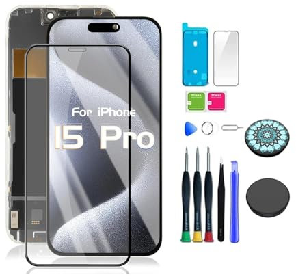 Holwarm Display für iPhone 15 Pro 6.1 OLED Bildschirm Ersatz FHD Touchscreen 3D Touch Digitizer Rahmen und beliebte TelefonhalterungenMontage und Reparaturkits (15pro OLED)