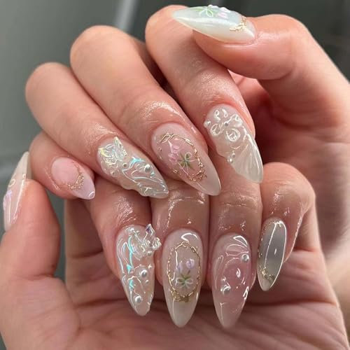 24 Stück Kurze Press-on Nägel Quadratisch,24 Stück 3D Mandelförmige Künstliche Nägel,Handgemachte Press-on,Französische Tip Weiß & Rosa,Glänzende Fake Nails mit Blumen,Schmetterling