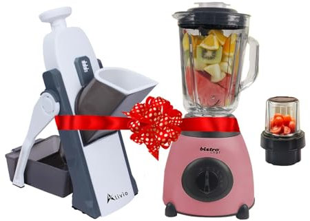 Alivio Multifunctional Vegetable Chopper 4 Cutting Modes Spring Slicer Dicer with Bistro Chef 2-in-1 Professional Mixer Blender 850W for Kitchen Ice Crusher, Smoothie Maker (2Pc Set) (Pink & Grey)