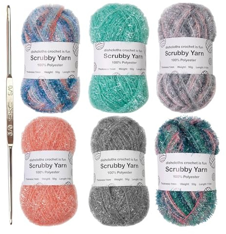6 Rolls Sparkles Scrubby Yarn - Glitter Yarn for Crochet, Scrubby Polyester DishclothYarn, Rainbow SparklyYarn, for Crocheting Knitting Dishcloths Washcloths Home Decor Craft Projects