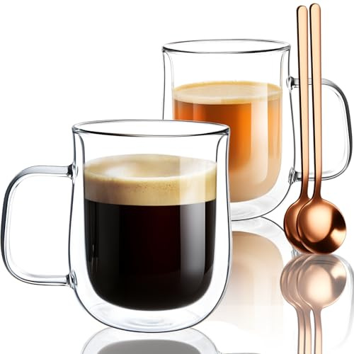 Double Walled Glass Coffee Mugs 12 OZ, Borosilicate Glass Coffee Cups Set of 2 with Spoons, Insulated Clear Coffee Mug for Hot Beverages, Cappuccino, Latte, Tea Bag.