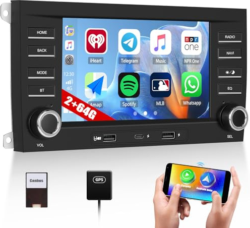 CAMECHO 2+64G 7 Zoll Android 13 Navi Autoradio für Porsche Cayenne 2005–2009, HD Bluetooth Radio mit Wireless Carplay Android Auto FM/RDS GPS WiFi Mirror Link Lenkradsteuerung +Canbus