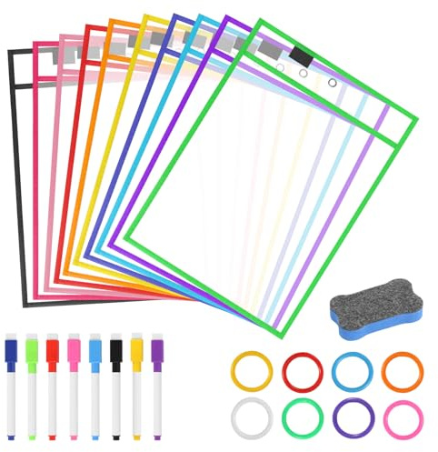 27PCS Dry Erase Pockets Set, 10PCS Dry Erase Pockets 8PCS Erase Pens 1PCS Eraser 8 Binder Rings Reusable Write and Wipe Clean Pockets, Transparent Sheets Erasable Pockets for School Office Home
