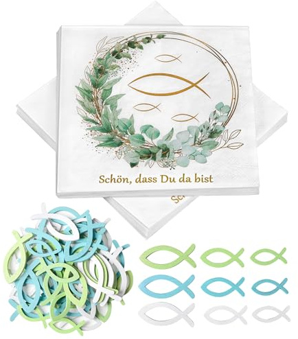 40 Stück Servietten Konfirmation Deko + 45 Holzfische Streudeko, Tischdeko zur Konfirmation für Junge und Mädchen, Gastgeschenk mit Schön, dass Du da bist, 33x33 cm