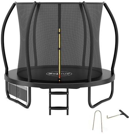 Zelsius Trampolín negro de 228 cm de diámetro para exteriores | Trampolín exterior para máximo 100 kg, trampolín de jardín con red de seguridad, escalera y bolsa para zapatos | Trampolín para deporte