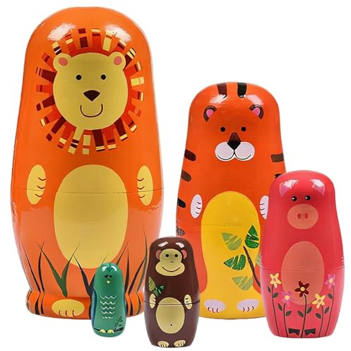 TENGWA 5 Stücke Matroschka Puppen Stapelspielzeug Wooden Animal Figures Cartoon-Tiere Handgefertigt aus Holz Möbeldekoration Russische Geburtstagsgeschenk für Jungen und Mädchen ab 3 Jahren