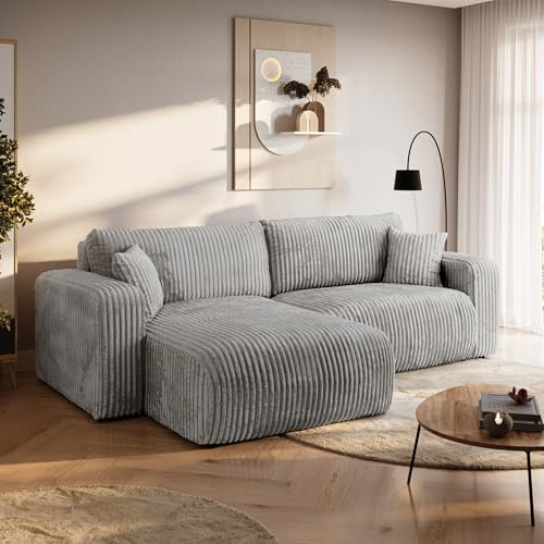 BROMARKT Ecksofa mit Schlaffunktion und Bettkasten 125x200cm L Grau | Schlafsofa mit Stauraum und Kissen Eckcouch Sofa für Wohnzimmer Wohnlandschaft 3 Sitzer Universell freistehend Couch TILIO