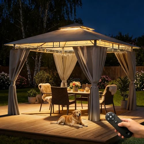 Hawthyhome Pavillon 3x3 Wasserdicht Stabil, Gartenpavillon Doppeldach, Partyzelt mit Seitenwänden, UV-Schutz 50+, Metallrahmen Pavillon für Garten Terrasse Party, Grau mit LED