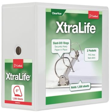 Cardinal® XtraLife ClearVue Nonstick Locking Slant D-Ring Binder, 6 Rings, 55% Recycled, White