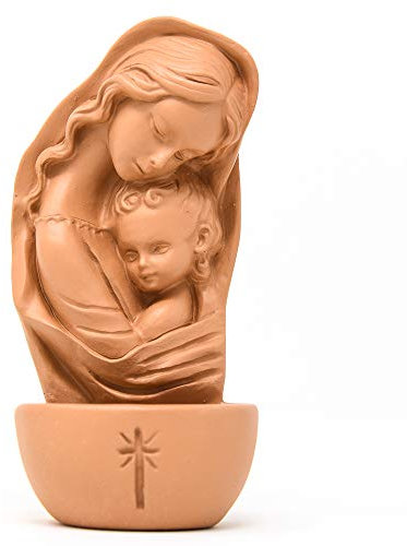 Catholic Gift Shop Fuente de agua bendita - Fuente de terracota de la Virgen María y el Niño Jesús - Con tarjeta de oración (3024)