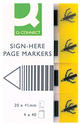 Filing Index Tabs Q-CONNECT Paper Sign-here 20x45mm,4x40 Sheets Yellow/Paper and Labels/Type-Standard/Shape-Standard/Material-Paper/Colour-Yellow/Dimensions (mm)-20x45