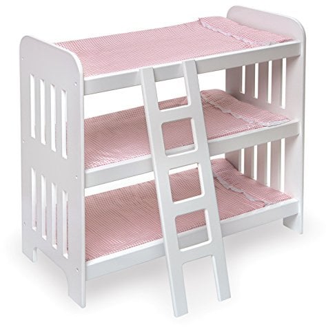 Badger Basket Triple Doll Bunk Bed with Ladder & Bedding - Pink Gingham