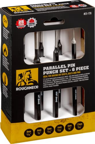Roughneck ROU31178 Chrome Vanadium Parallel Pin Punch Set 6 Piece 1.5, 3, 4, 5, 6, 8mm/1/16, 1/8, 5/32, 3/16, 1/4, 5/16