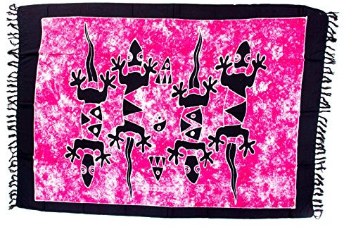 Kascha Sarong Pareo Wickelrock Strandtuch Tuch Wickeltuch Handtuch - Blickdicht - ca. 170cm x 110cm - Pink Schwarz Batik mit Gecko Motiv Handgefertigt inkl. Kokos Schnalle in Rauteform