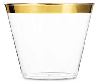 Munfix 100 Gold Plastic Cups 9 Oz Clear Plastic Cups Old Fashioned Tumblers Gold Rimmed Cups Fancy Disposable Wedding Cups Elegant Party Cups with Gold Rim