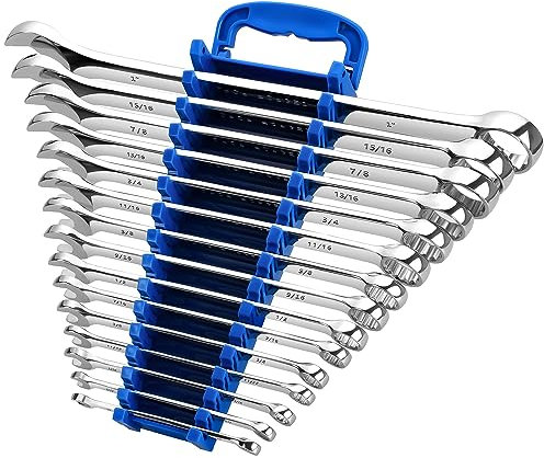 Max Torque Premium Ringmaulschlüssel-Set, 15-teilig, komplette SAE-Zoll-Größen von 6,35 cm bis 2,5 cm mit Regalorganizer, Chrom-Vanadium-Stahl, langes Muster, hochglanzverchromt