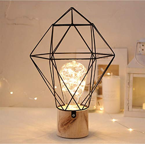 Eisen Tischlampe, Nachttischlampe Nachtlichter Batterie betrieben nordischen Stil Eisenrahmen Holzsockel Schreibtischlampe kreative dekorative Beleuchtung für Schlafzimmer, Wohnzimmer, Hotel, Büro
