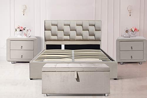 Comfy Living 4ft6 Double Plush Velvet Weaved Headboard Storage Ottoman Cream Bedframe Bedsides Blanket Box (No Bed Side Tables Or A Blanket Box, No Mattress)