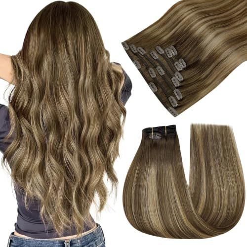 Easyouth Echthaar Clip in Extensions Ombre Braun Clip Extensions Echthaar Mittelbraun Balayage Honigblond Echthaar Extensions Clip Natürlich 30 cm 70g 7pcs #4/27/4