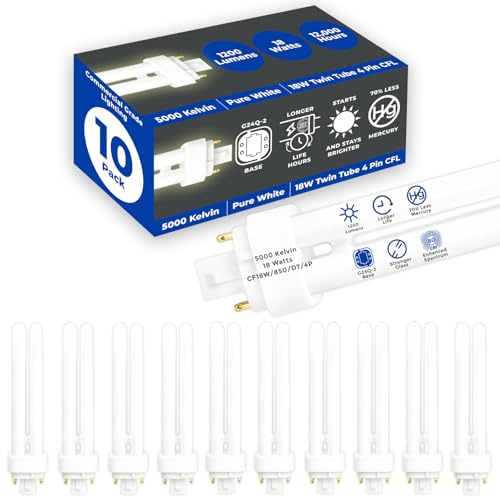 GoodBulb 18 Watt CFL Light Bulbs 4 Pin G24Q-2 Base 5000K Daylight 18W High Output 1200 Lumens Double Tube Compact Fluorescent Light Bulbs Plug-in 10 Pack