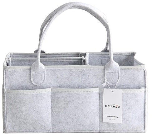 OMAREX Foldable Nappy Caddy Organiser, Portable Nursery Felt Grey Storage Basket Bin With Removable Compartments for Storing Nappies, Wipes, Bibs, Baby Clothes and Toys (Grey)