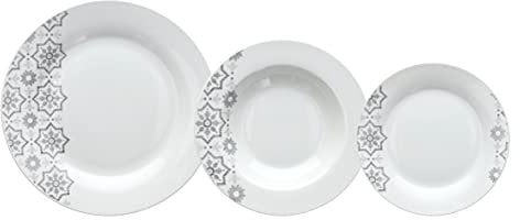 Tognana Brina, Service de vaisselle pour 6 personnes, 18 pièces, porcelaine, blanc et argent