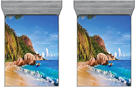 ABAKUHAUS Strand 2er-Satz Spannbetttuch, Sommer Meer und Palmen, Soft Dekorativer Stoff Bettwäsche Rund-um Elastischer Gummizug, 160 cm x 200 cm, blau, Braun,