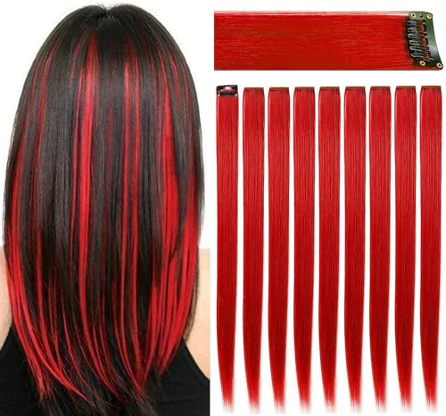 ZHAOWWEI 9 Stück Prinzessin Rot Haarverlängerungen Multi-Farben Party Highlights Streifen Synthetische Haarteile Clip-In/Clip On Farbige Haarverlängerungen (Rot)