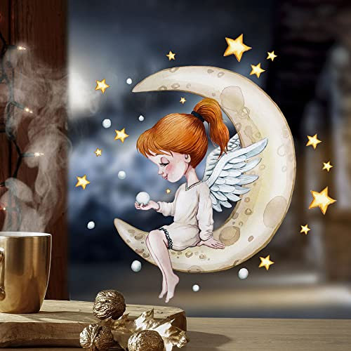 Fensterbild Weihnachtsdeko Weihnachten Engel Engelchen auf Mond sitzend wiederverwendbar Fensterdeko Winter Fensterbilder Kinder Zimmer bf156 ilka parey wandtattoo-welt®
