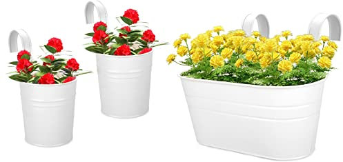 Tanant Hängende Blumentöpfe aus weißem Metall, zum Aufhängen, Blumentöpfe mit Ablaufloch, Überzaun, Balkon, Pflanzgefäße für Geländer, Innen- und Außenbereich, Heimdekoration, 3 Stück