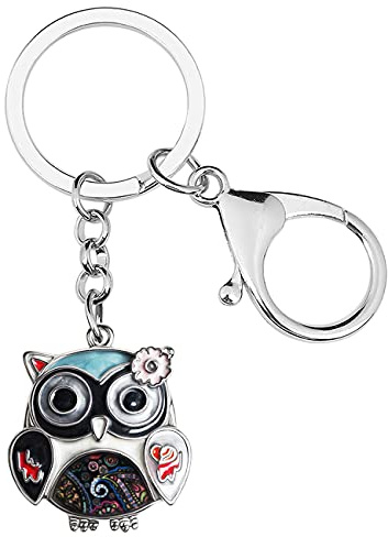 Emaille Legierung Anime Blume Eule Schlüsselanhänger Vogel Mode Schmuck für Frauen Mädchen Charme Geschenk (Schwarz), 28mm x