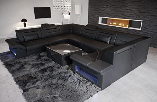 U-Form Sofa Brianza als Leder Wohnlandschaft mit Beleuchtung und Kopfstützen modernes Ledersofa (Langer Schenkel Links (auf Sofa blickend), Black)