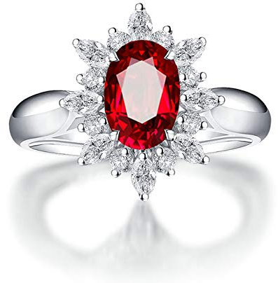 Gualiy 18K Weissgold Ring, Weißgold mit Rubin Ring Blume Ring mit Rubin und Diamant 1.65 Carat Damenring Hochzeit Größe 56 (17.8)