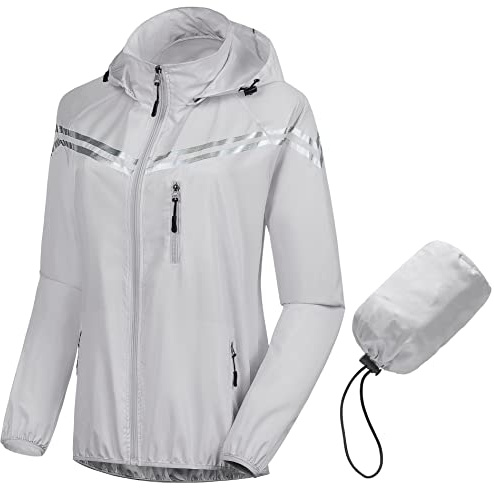 CREATMO US Women's Waterproof Outdoor Rain Jacket With Hood Reflective Light Breathable Raincoat Biking Walking Jacket Grey XL