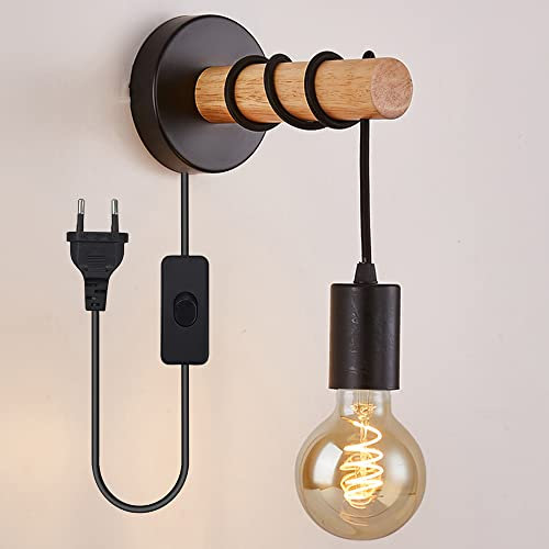 Wandleuchten mit Schalter für Schlafzimmer, Innen Schwarze Wandleuchte mit Kabel, Wandlampen mit E27 Leseleuchte für Wohnzimmer Loft Holzmontage Plug in Innendekor Beleuchtung (Schwarz)