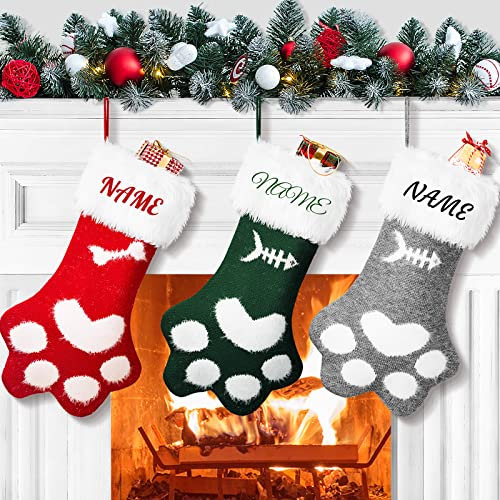 Deggodech Personalisierte Haustierpfoten-Weihnachtsstrümpfe, gestrickt, Weihnachtsstrümpfe für Haustiere, Katzen, Hunde, Weihnachtsstrümpfe mit Namen für Kamindekorationen