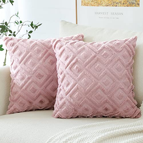 Artscope 2er Set Wolle Kissenbezüge Weicher Plüsch Kurzer Wollsamt Dekokissenbezuge Luxuriöses Sofakissen Boho Kissenhülle für Sofa Schlafzimmer Geometrische Rosa, 45x45cm