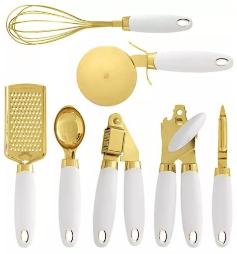 Juego de 7 herramientas de cocina doradas, accesorios de cocina, juego de utensilios de acero inoxidable con revestimiento dorado