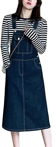 Yishengwan Vestito Salopette di Jeans Donna Gonna in Denim Corti Jeans Overall Salopette con Tasche Blu Scuro XL
