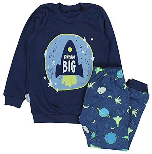 TupTam Kinder Jungen Pyjama Schlafanzug Set Langarm Nachtwäsche 2-teilig, Farbe: Dream Big/Kosmos Dunkelblau/Grün, Größe: 116