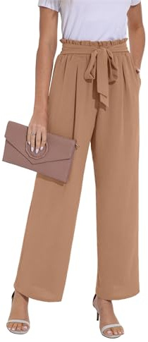 PrinStory Damenhose Mit Weitem Bein, Elastische Taille, Verstellbare Krawatte, Lose Passform, Leichte Hose Mit Taschen, Loungehose (Khaki, S)