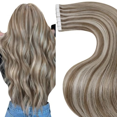 Hetto Tape Extensions Echthaar Blond Tape in Extensions Echthaar 45 cm Highlight Braun with Ash Blond Seidig Gerade Invisible Tape Klebe Remy Haarverlangerung 20pcs 50g #p10/613