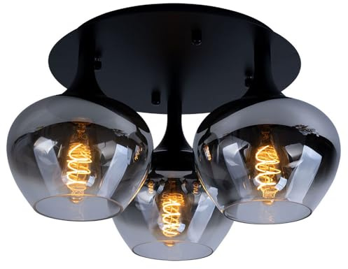 Deckenlampe Deckenleuchte Rauchglas Esszimmerleuchte rund Glaskugel Schlafzimmer, Metall schwarz, 3x E27, DxH 45x25,5 cm