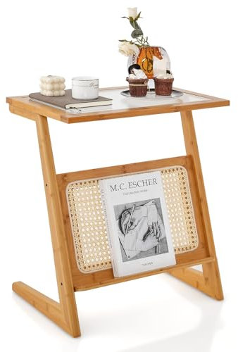 COSTWAY Table d’Appoint Bohême avec Porte-Revues en Rotin, Bout de Canape en Bambou avec Plateau en Verre Trempé, Petite Table d’Appoint Salon, 50 x 36 x 56 cm (Z, Jaune)