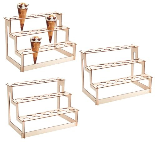 PH PandaHall 3 Pack Ice Cream Cone Holder Stand with 33 Holes, 3 Levels Wooden Cone Display Holder Hand Roll Sushi Stand Rack Cupcakes Stand for Birthday Wedding Christmas Thanksgiving Party Favors