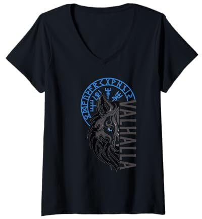 Damen Valhalla Wolf | Nordischer Kompass Wikinger T-Shirt mit V-Ausschnitt