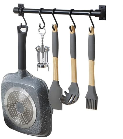 Smallboutique Black Aluminum Utensils Holder,Kitchen Rack Wall Mounted,Kitchen Rail Pan Hanger With S Hooks For Hanging Kitchen Utensil,Bathroom Gadget