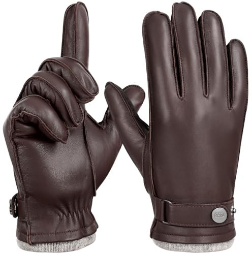GSG SINCE 1998 Herren Lederhandschuhe Winter mit Touchscreen - Thermo-Handschuhe aus weichem Lammleder, warm gefüttert mit Wolle Braun XL